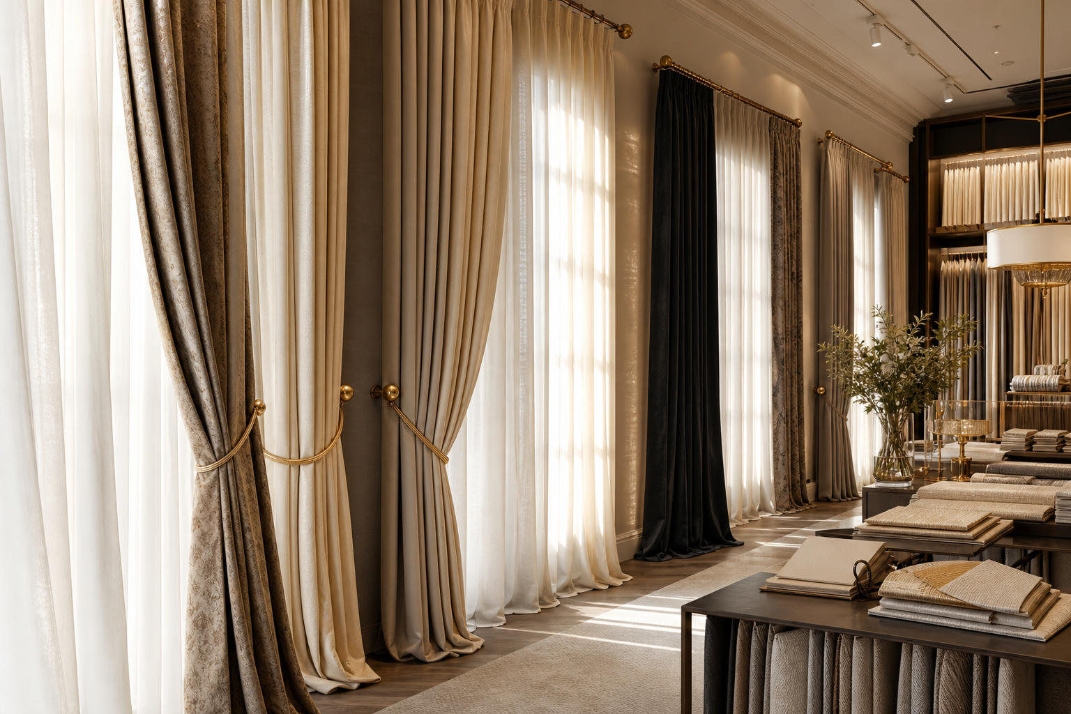 Luxury curtain showroom with layered drapery fabrics