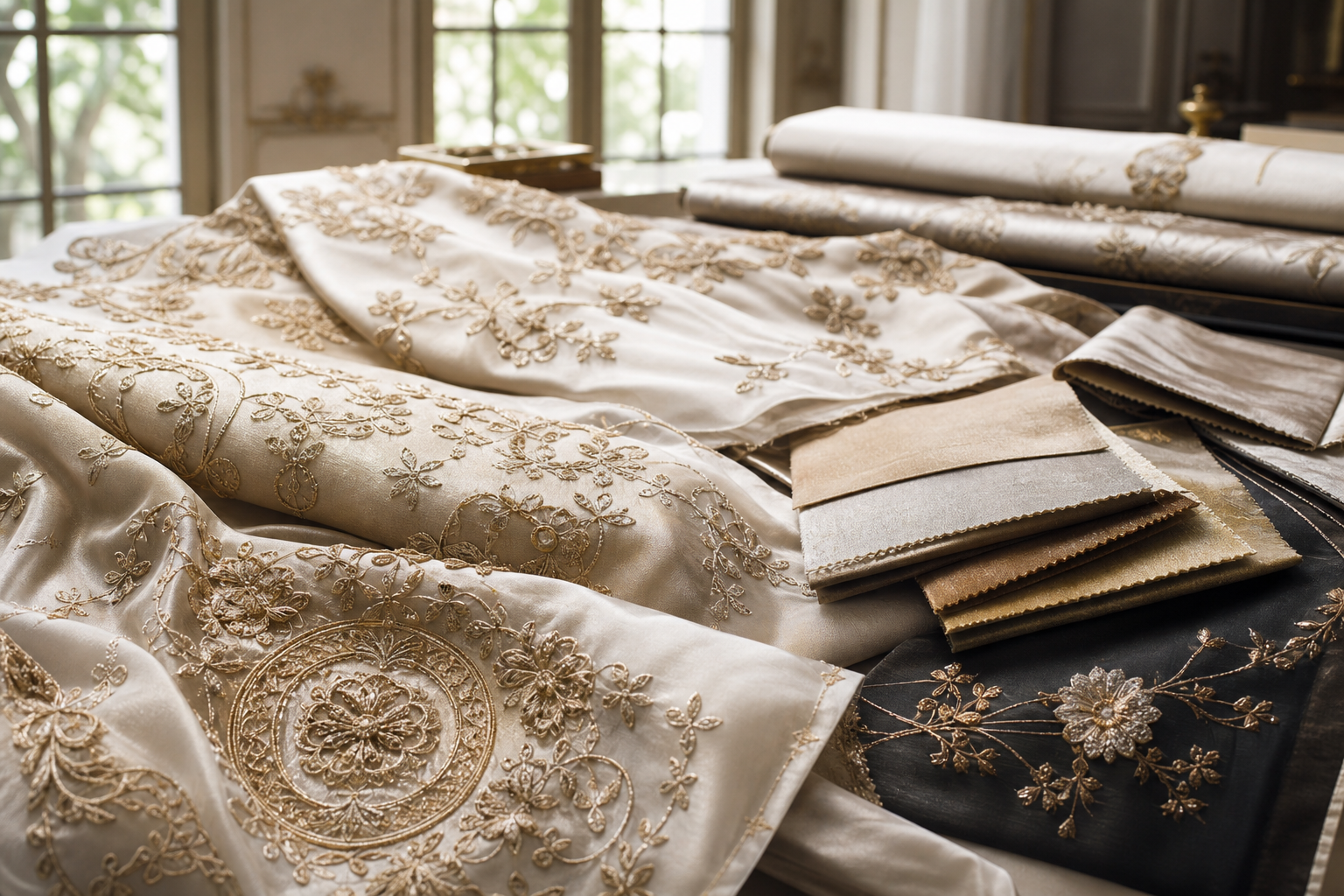 Premium embroidered fabric panels on an atelier table