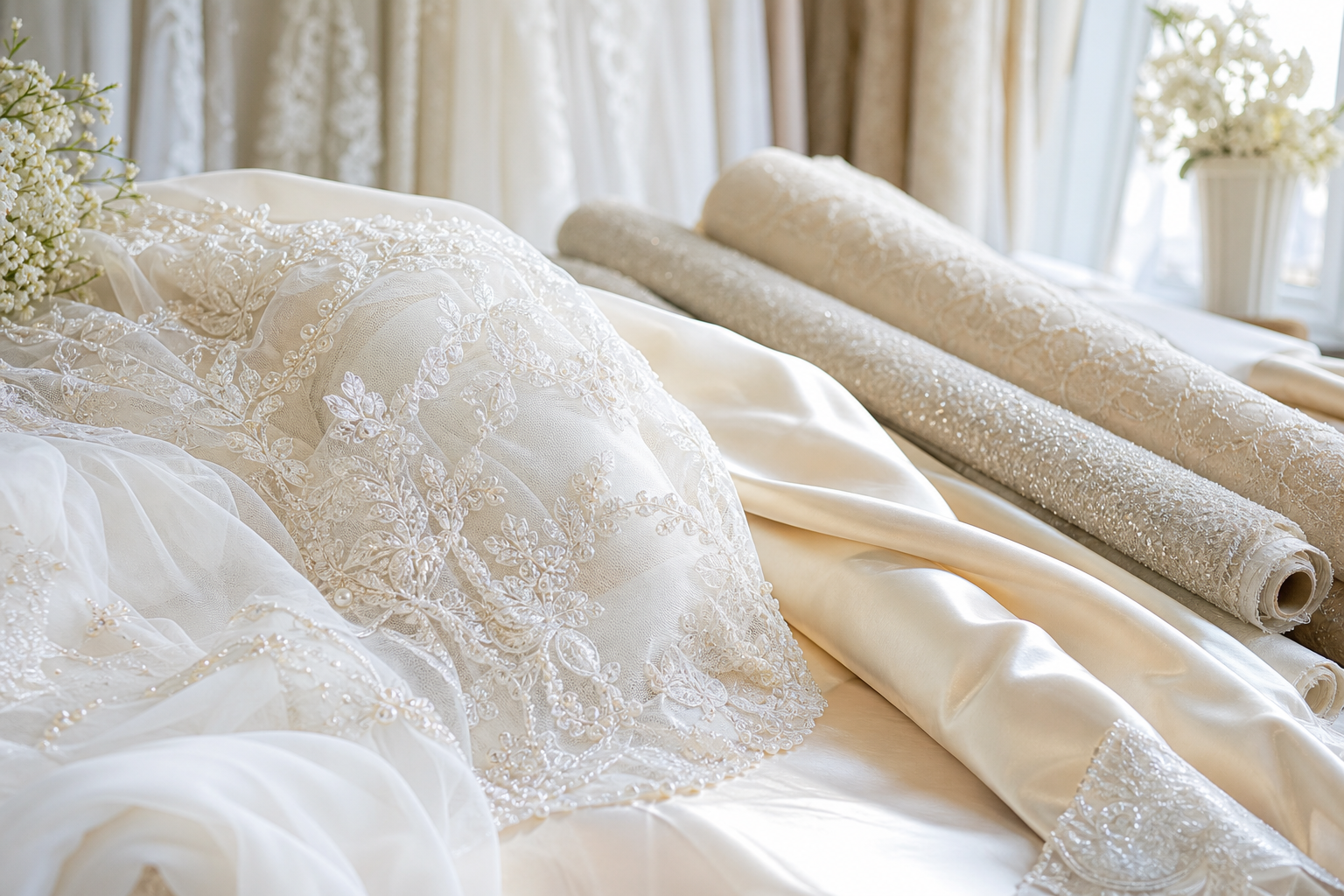Ivory embroidered wedding lace and satin luxury fabric