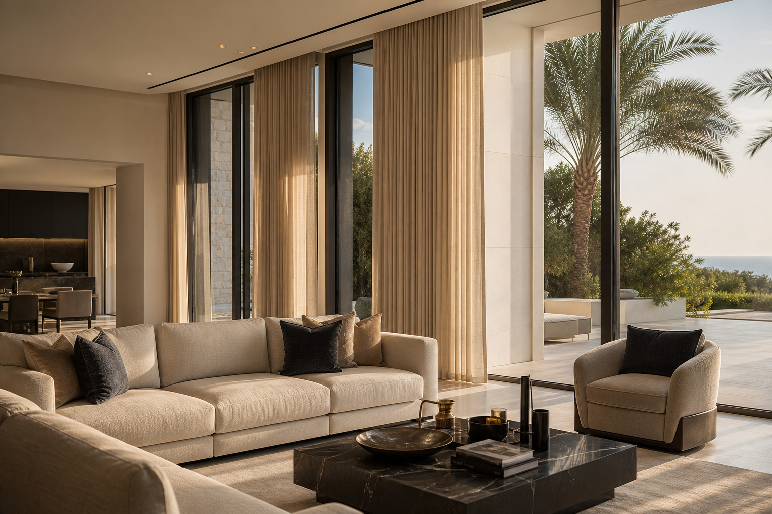 Modern villa living room with custom luxury curtains